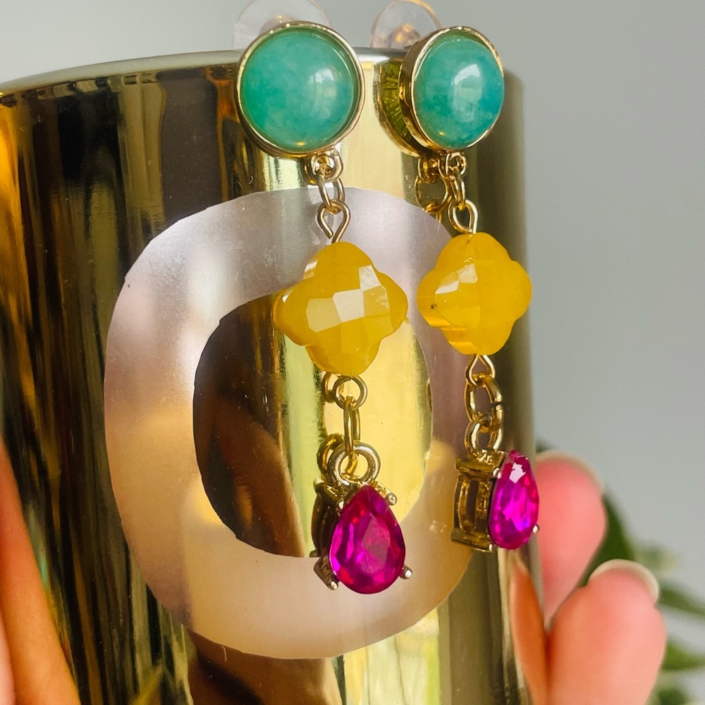 Anthro Dopamine Rainbow Colorful Teardrop Line 4petal Clover Dangle Earrings Pin